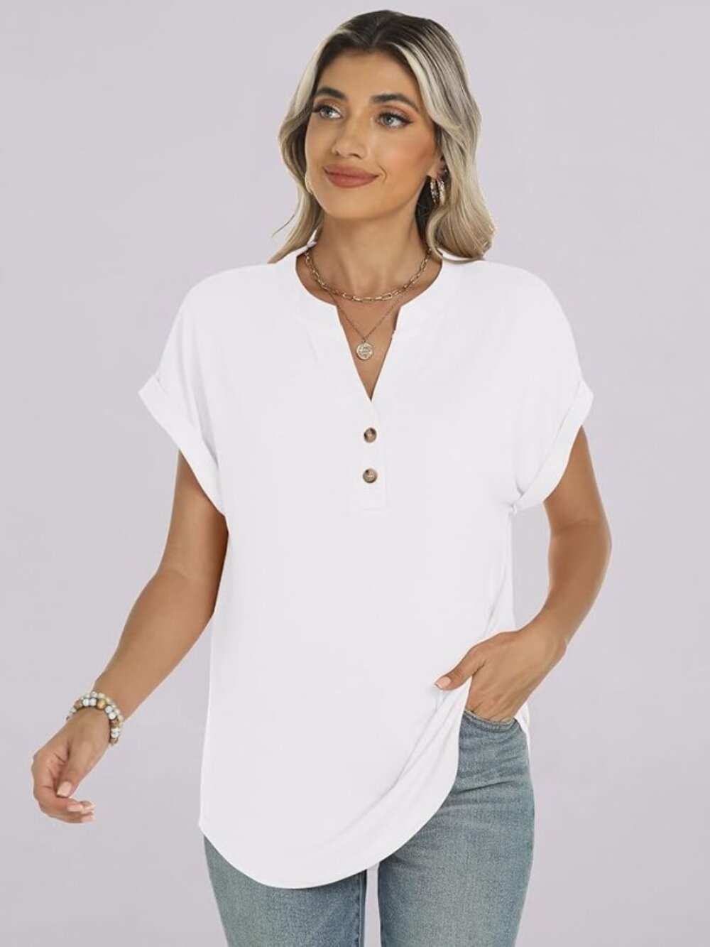 Short Sleeve Henley V-Neck Blouse - 2026 Summer Vacation Top